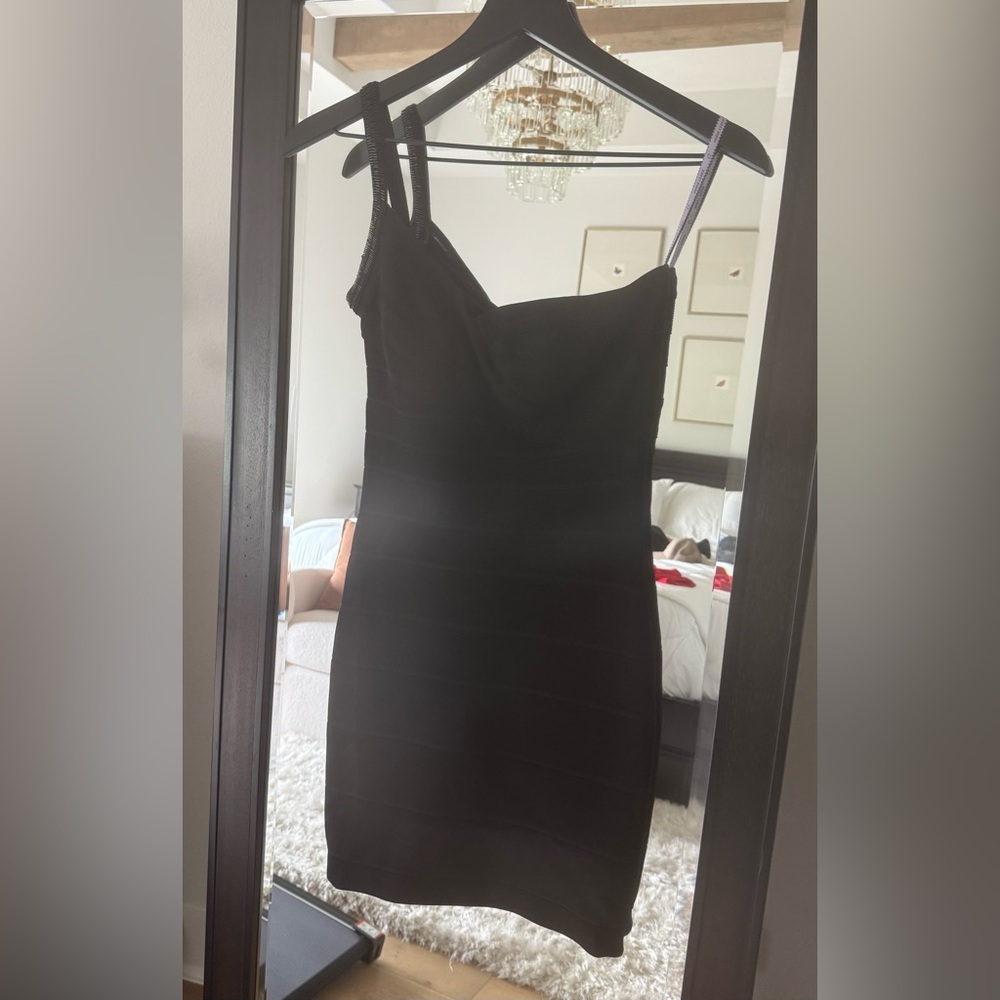 Herve Leger Icon One Shoulder Bodycon Bandage Mini Dress Black XS